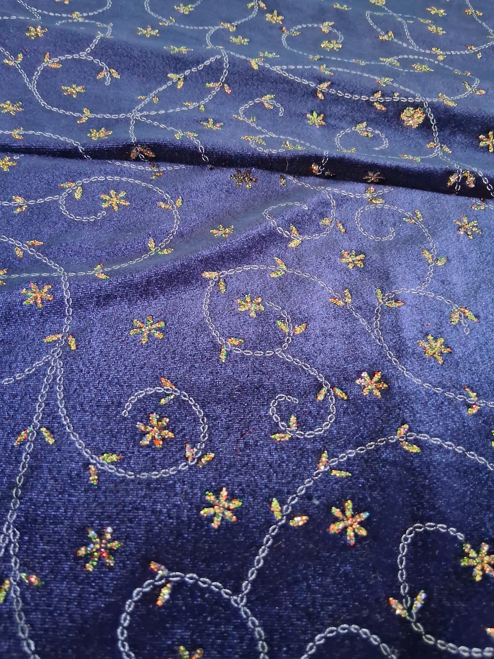 Embroidered Royal Blue Velvet Fabric with Floral Swirl Design - Glitter 3121